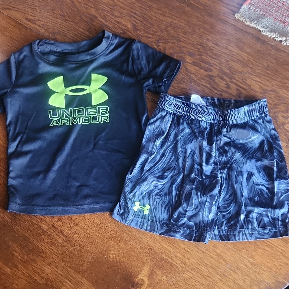 Under Armour Neon Green Logo Tee and Swirl Shorts Set